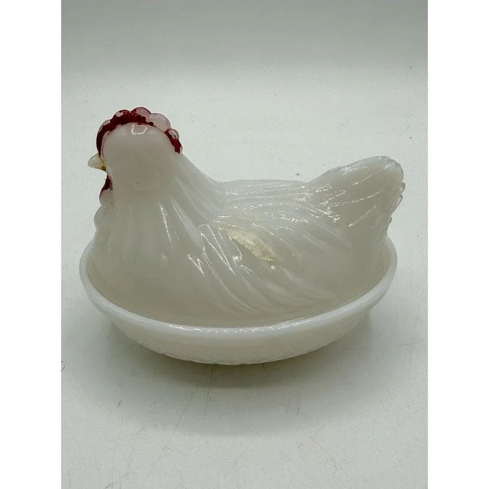 4” Hen On Nest Chicken Opaque White Milk Glass Covered Dish Unmarked No Stamp